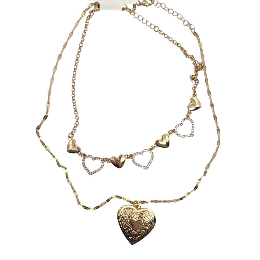 Gold Tone Layered Heart Locket and Rhinestone Heart Necklace Set Fashion Jewelry